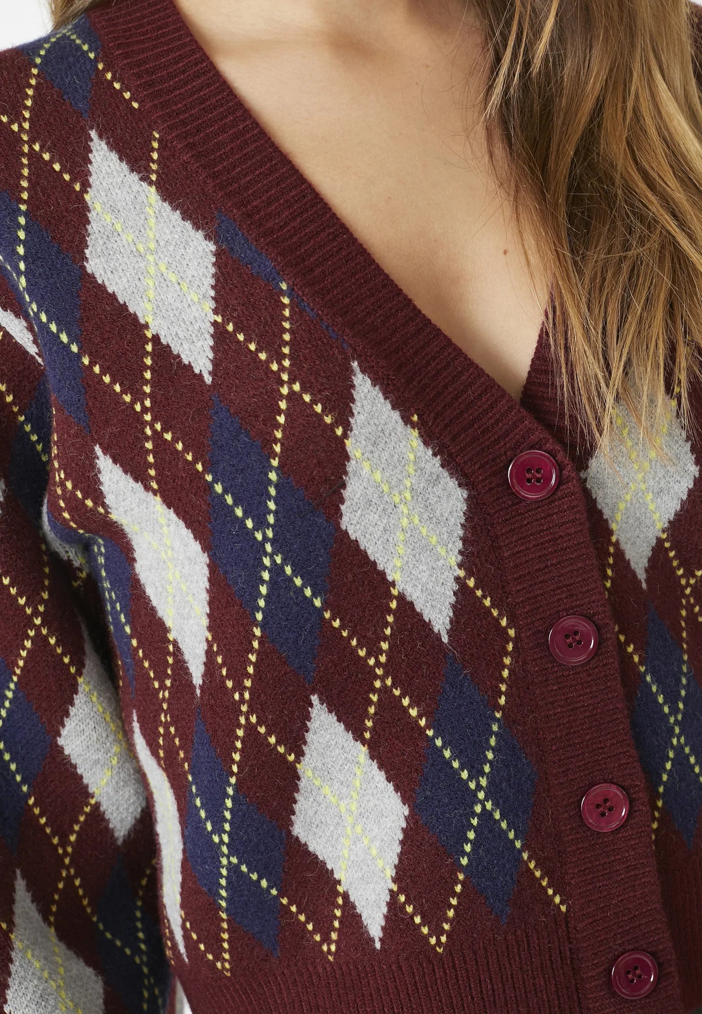 Co'couture Row Check Cardigan Winered
