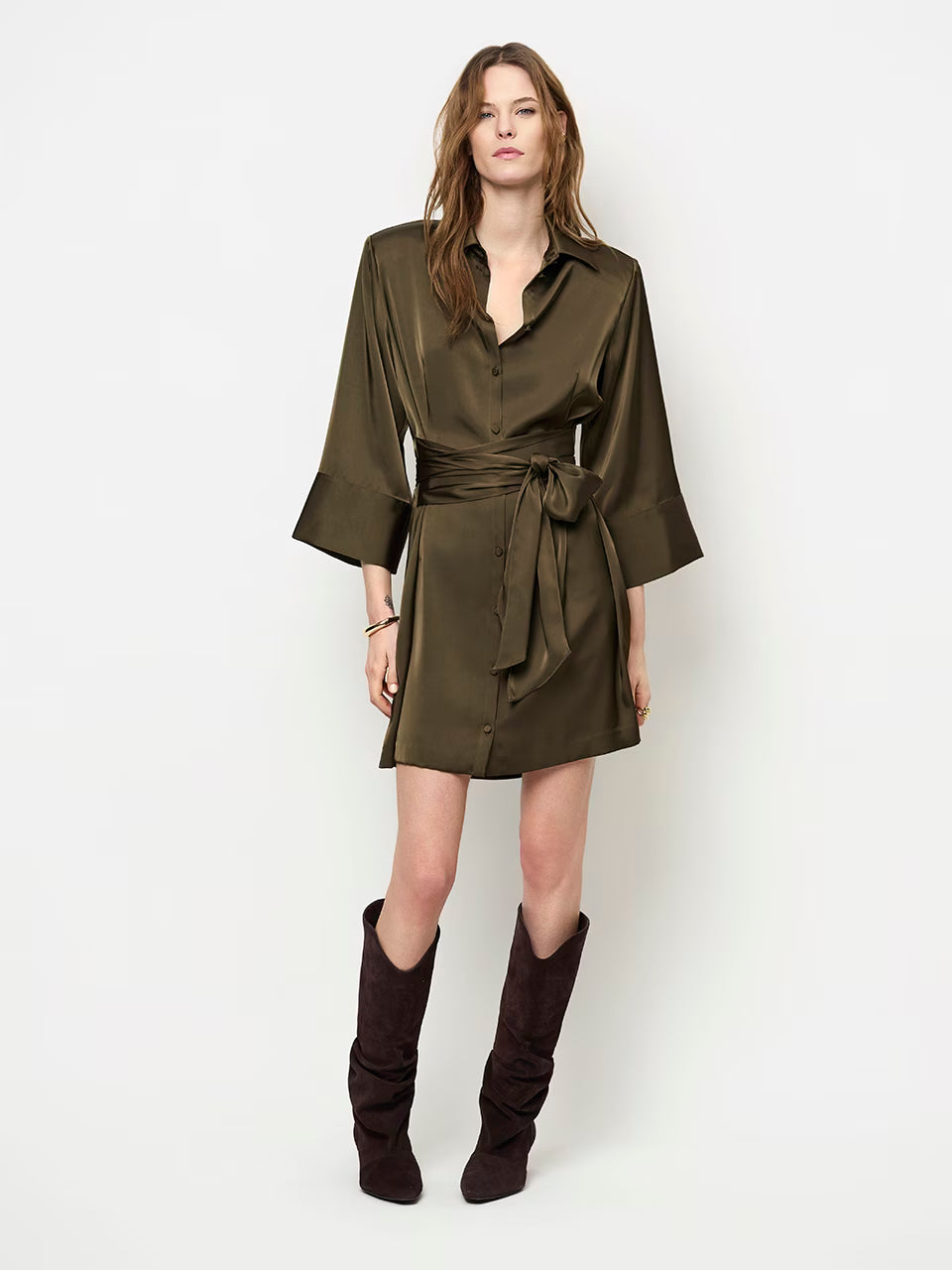Dante Noanne Satin Shirt-Wrap Dress