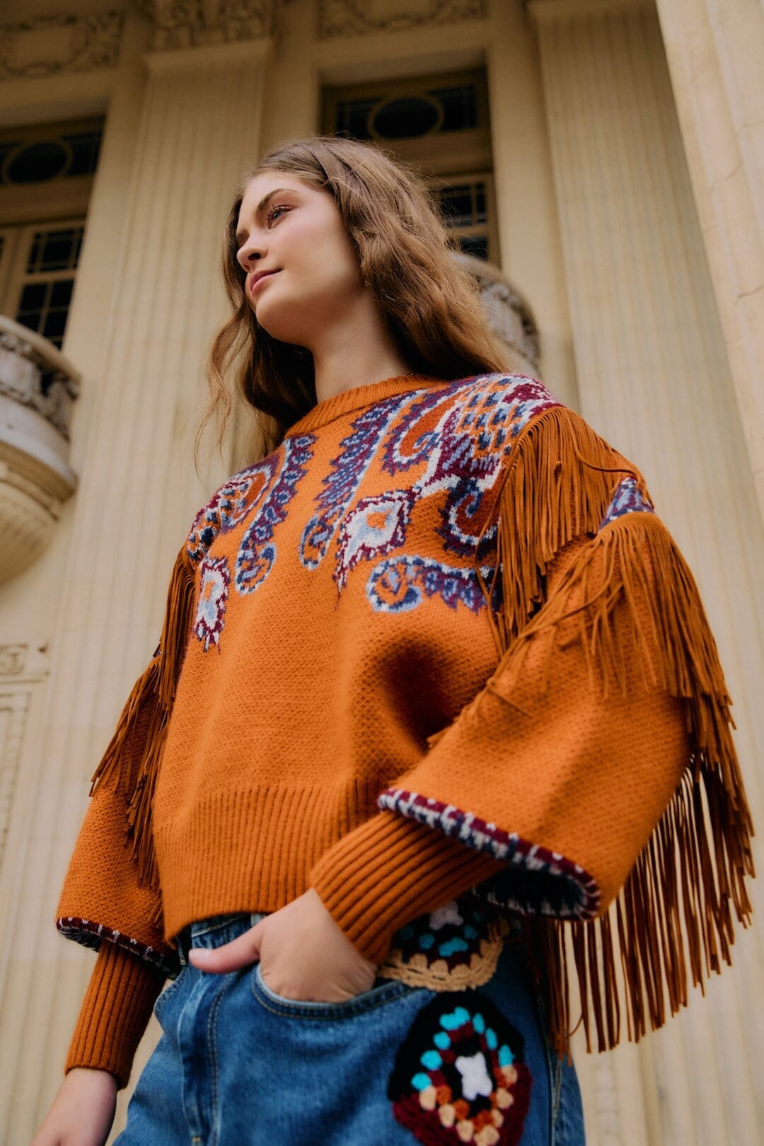 Sweater Arabesque Scarf Fringe Knit