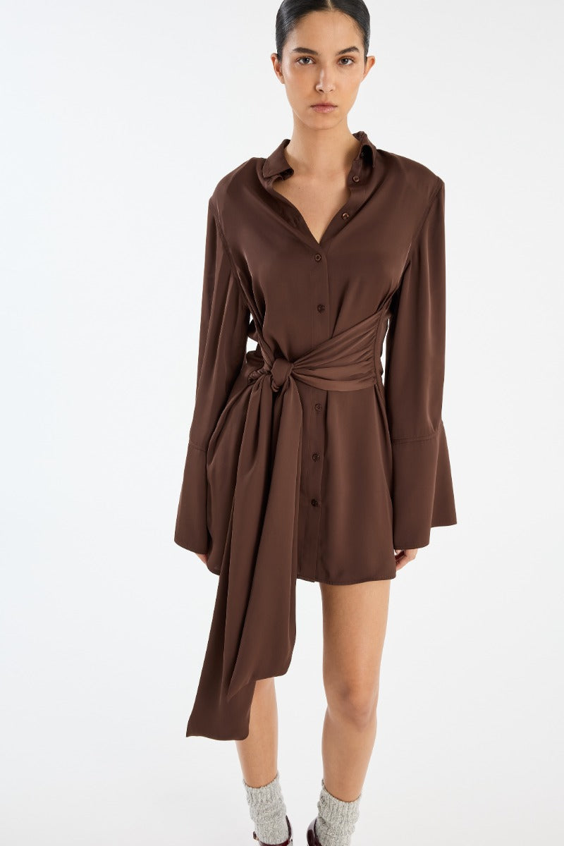 Satin Tie Shirt Dress Chicory Coffee