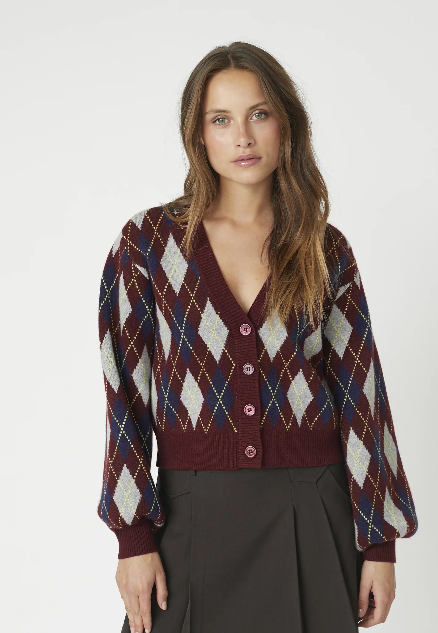 Co'couture Row Check Cardigan Winered
