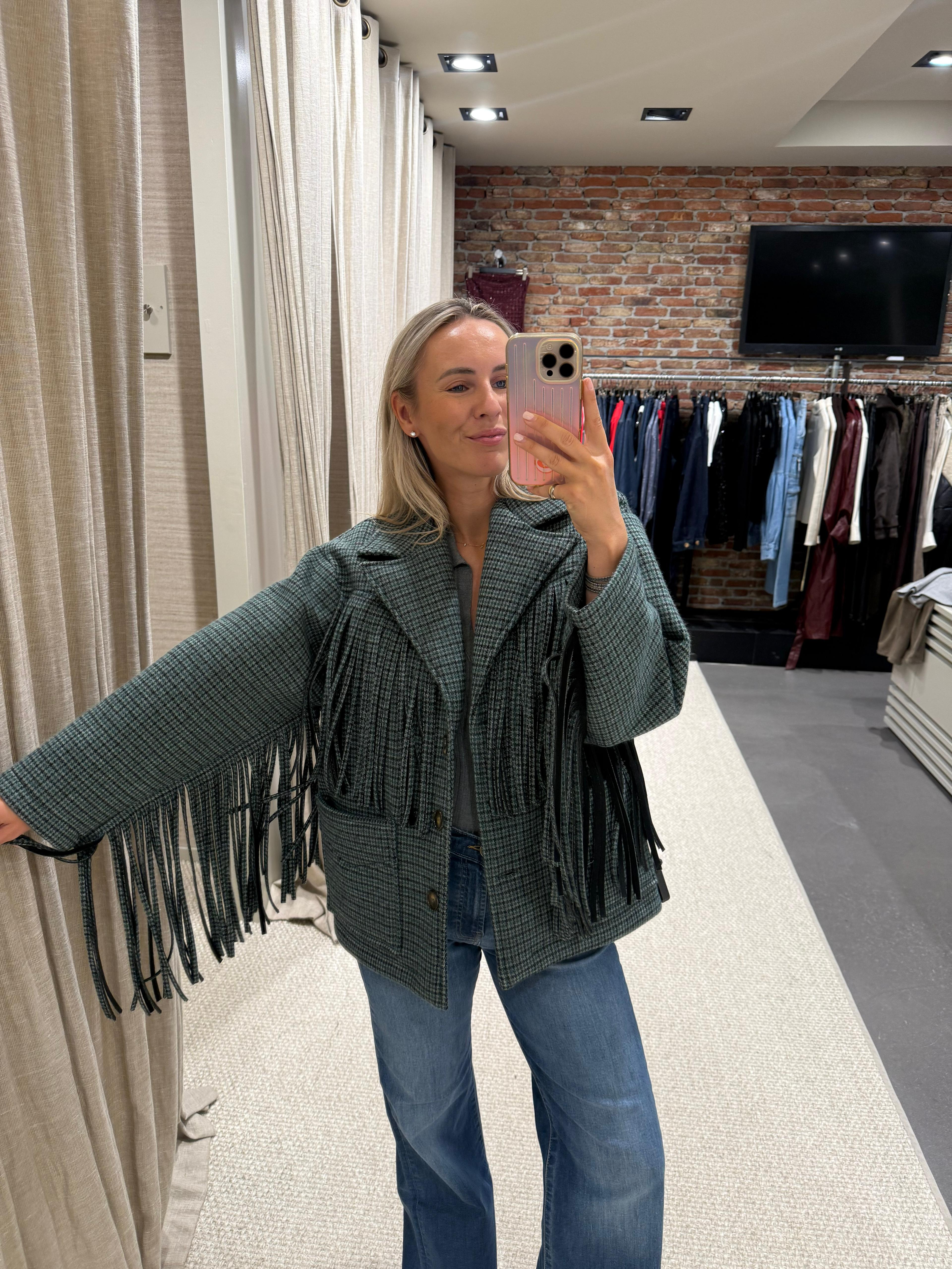 Jacket Fringe Check Green Black