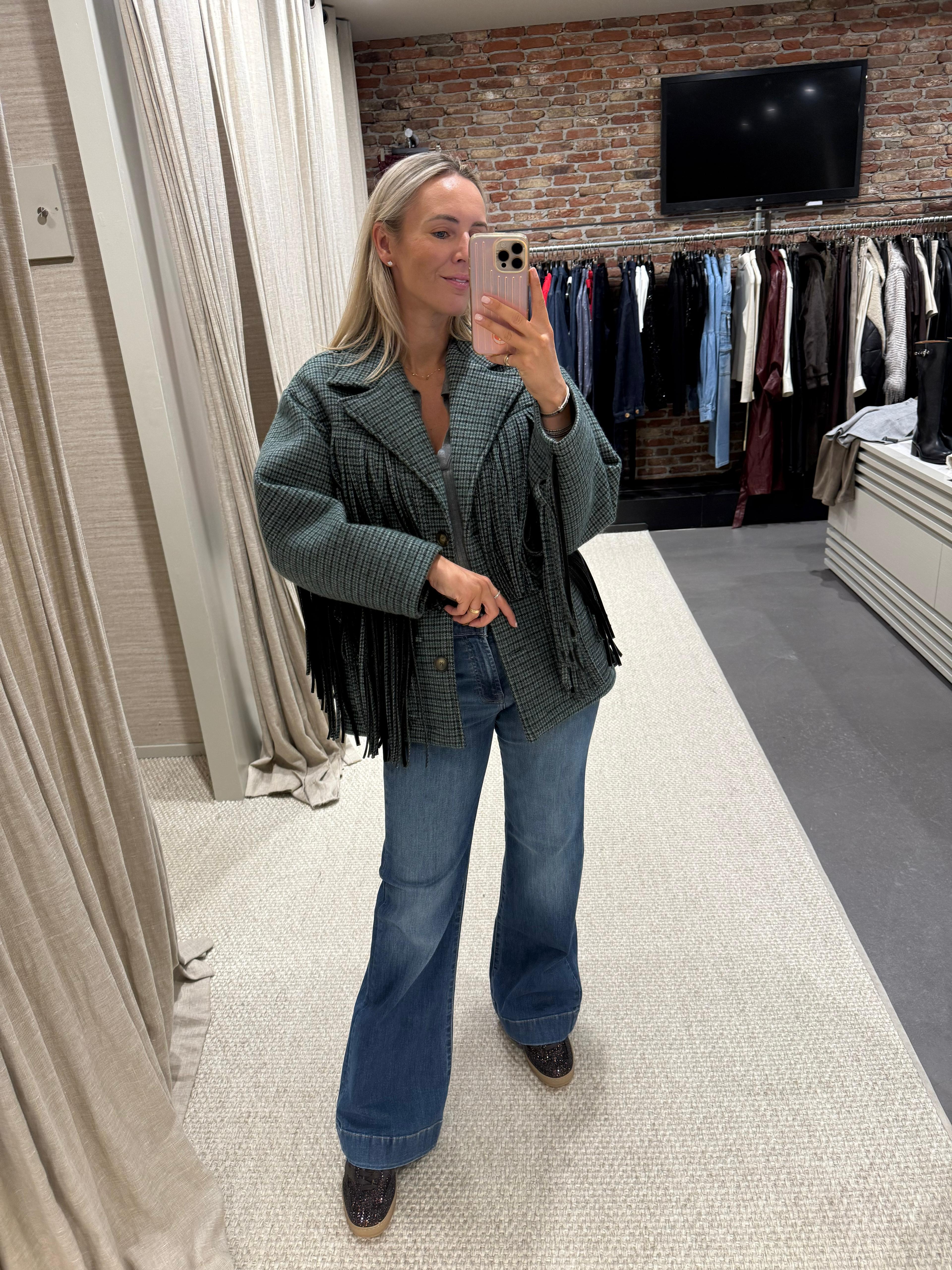 Jacket Fringe Check Green Black